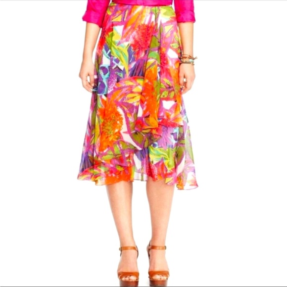 Lauren Ralph Lauren Women’s 16 Multicolor Tropical Floral Skirt with Ruffles - Picture 1 of 12